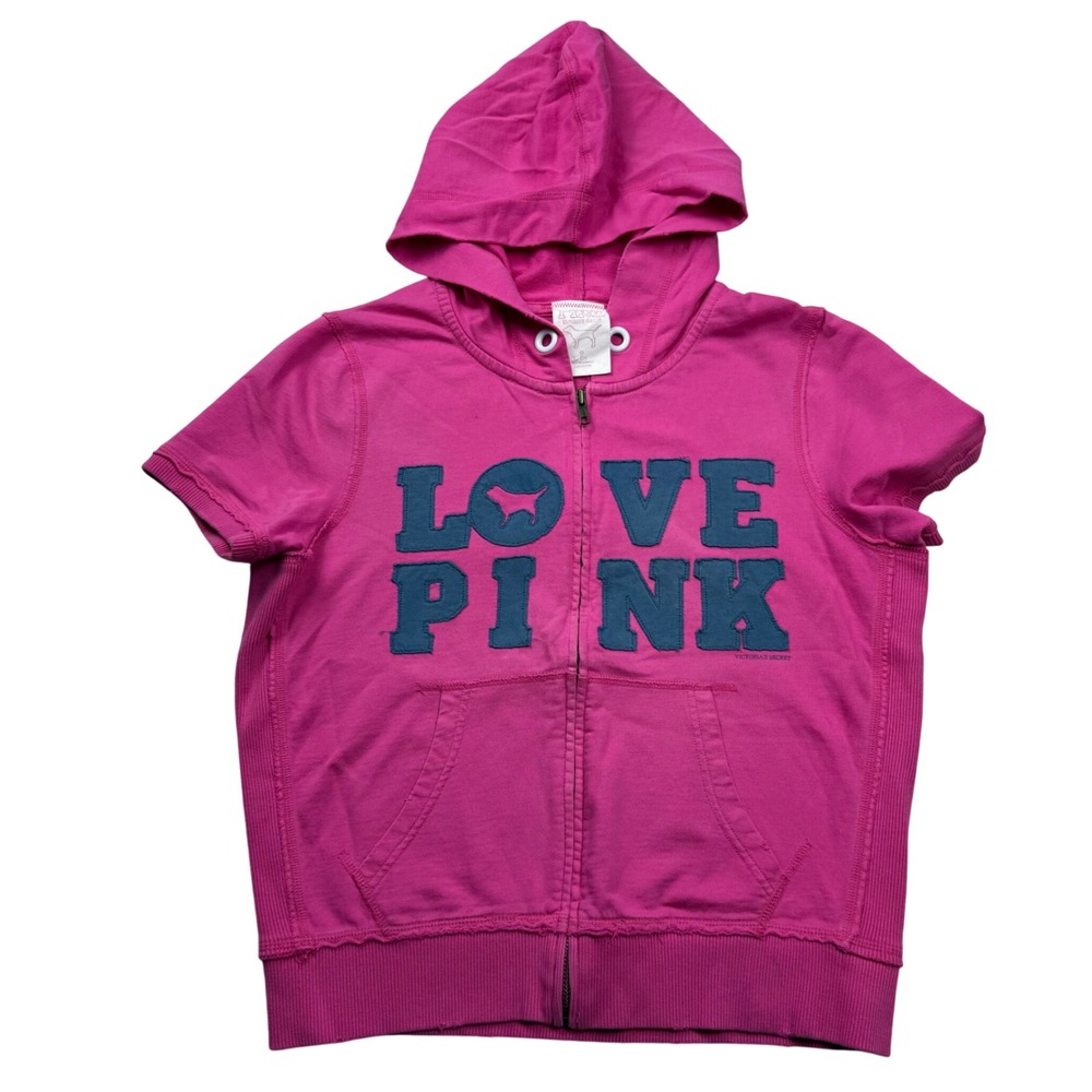 VTG Y2K Victoria's Secret PINK Short Sleeve Zip Up Hoodie Love Pink L 2007